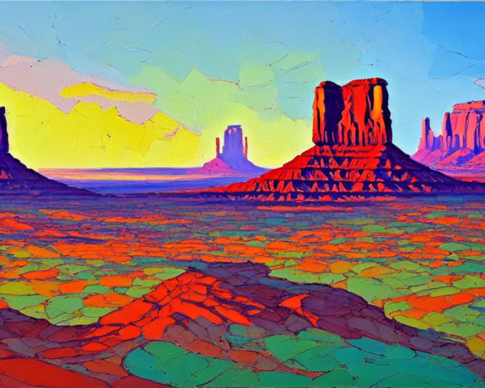 Colorful desert landscape painting with vibrant sky and three buttes.