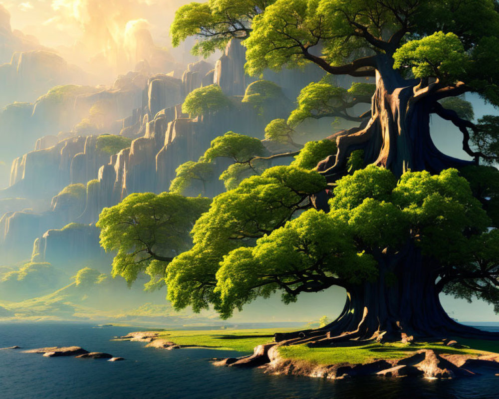Majestic tree on islet with waterfalls and cliffs