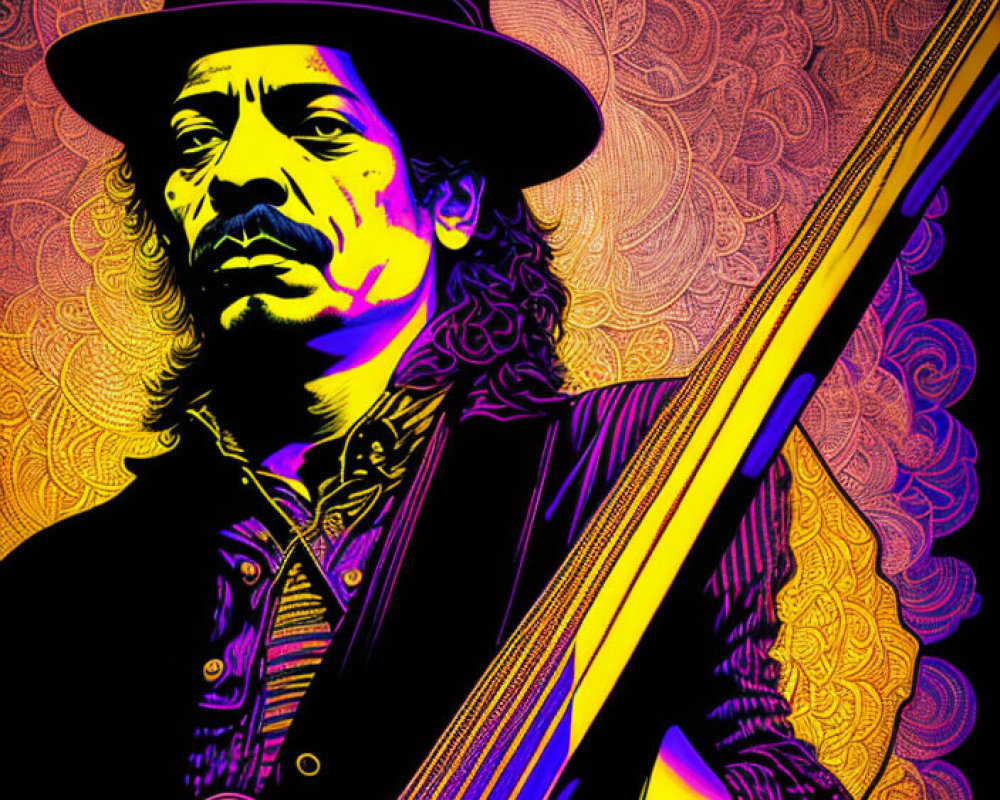 Colorful Illustration: Person with Hat Holding Bass Guitar on Psychedelic Background