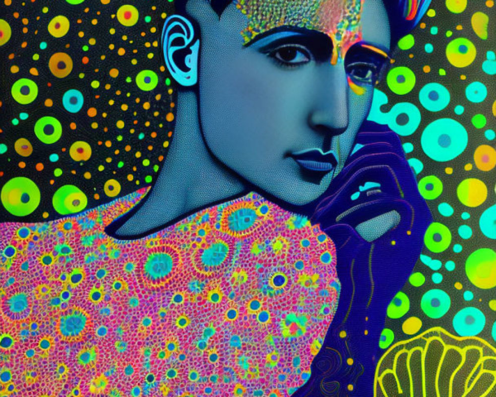 Colorful digital portrait with stylized skin against psychedelic background