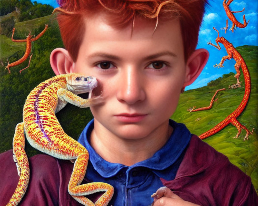 Surreal portrait of person with red hair, lizard on nose, floating lizards, blue sky