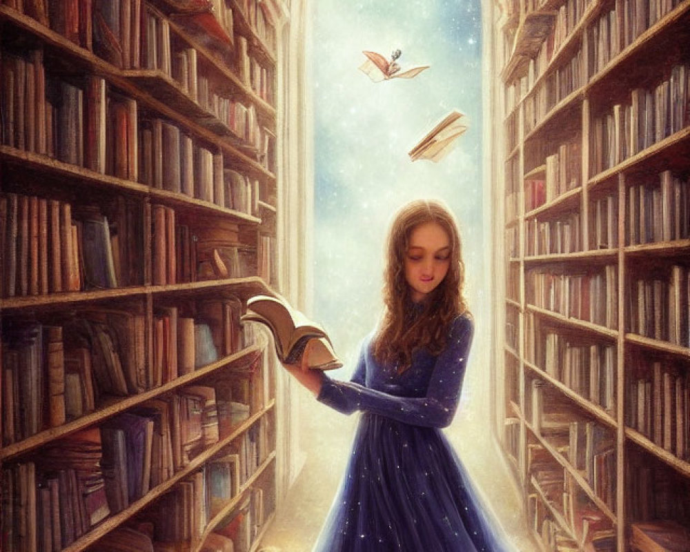 Young girl in blue dress reading in magical library with floating books