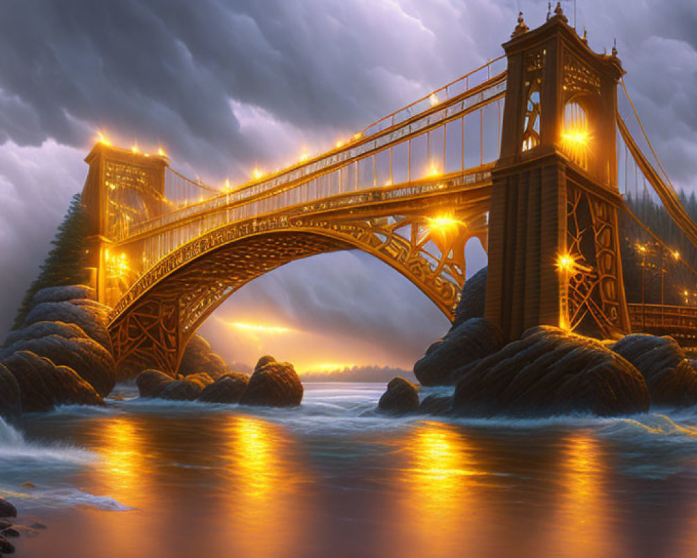 Fantasy illustration of ornate bridge over stormy sea