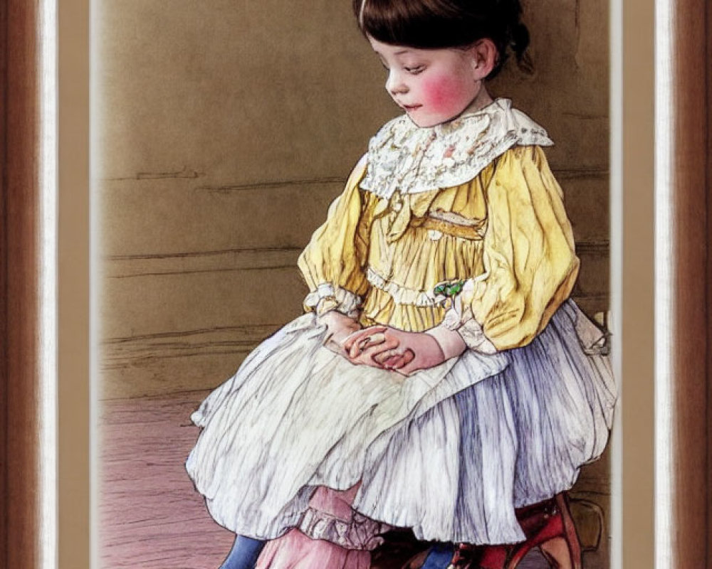 Illustration of young girl in yellow blouse and red stockings sitting on step