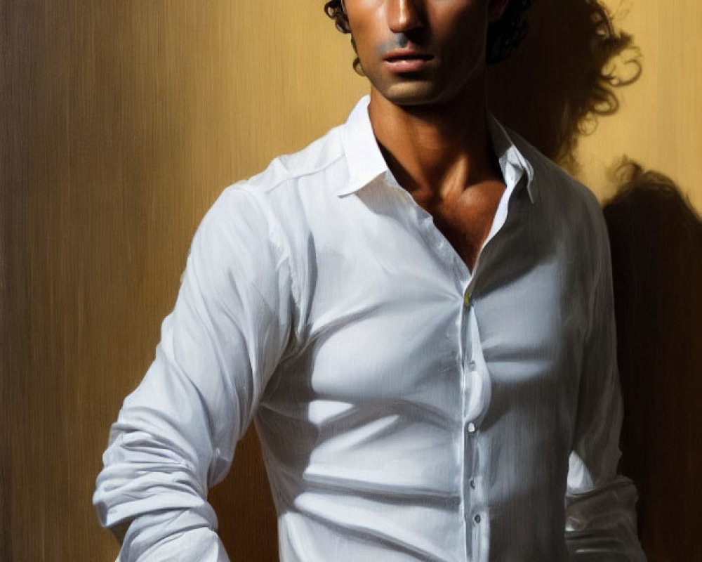 Curly-Haired Man in White Shirt Leaning Against Golden Wall