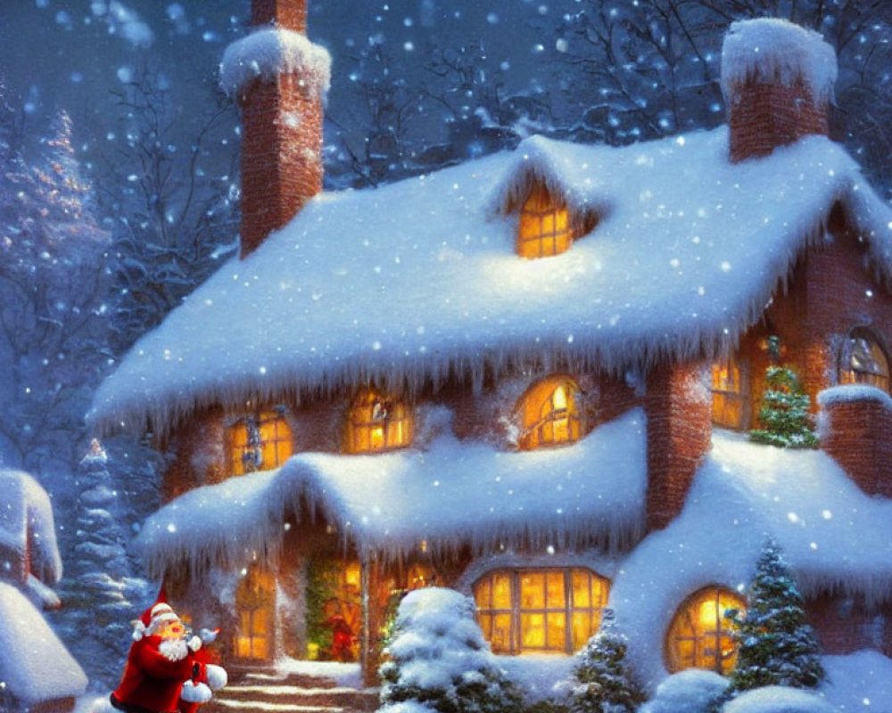 Snow-covered house with Santa Claus and winter night backdrop.
