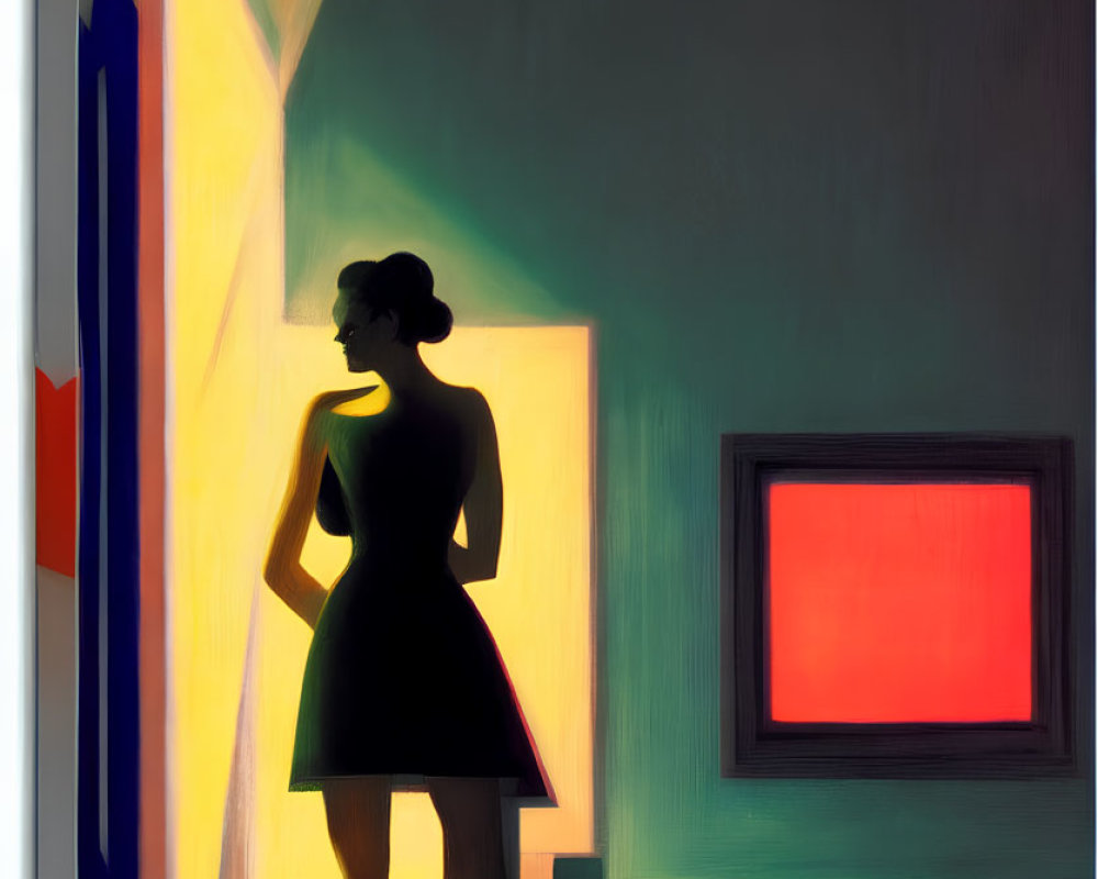 Silhouette of woman in dress with colorful geometric shapes and shadows