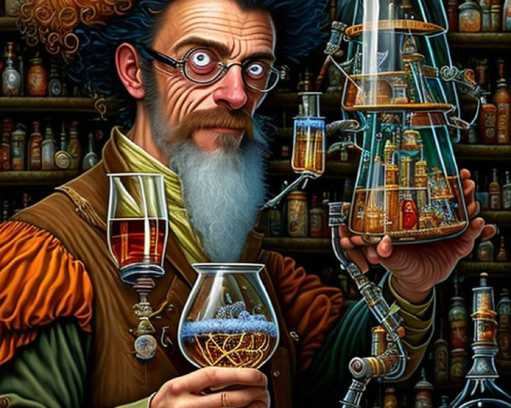 Whimsical scientist with blue hair and potions