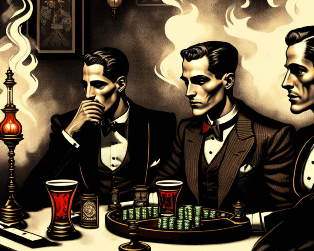 Three men in formal wear at table with roulette wheel in 1920s style