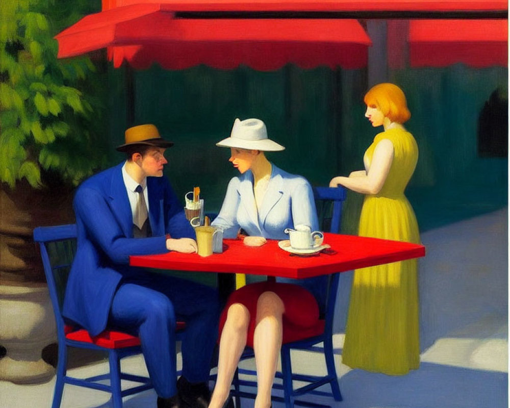 Man in blue suit and woman in white at red outdoor table with waitress taking order