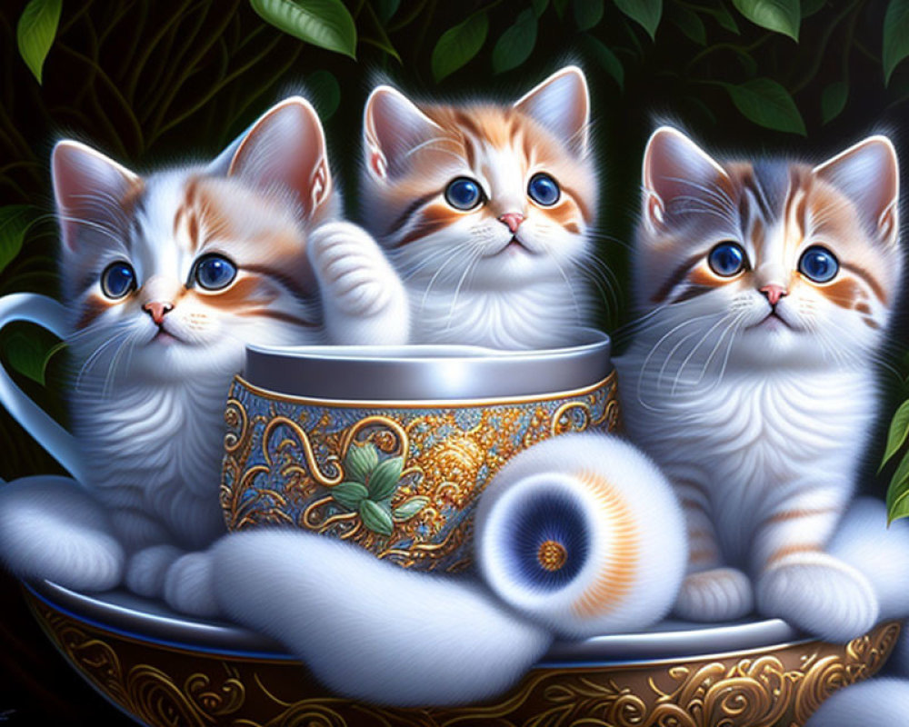 Three Cute Kittens in Teacup with Green Foliage