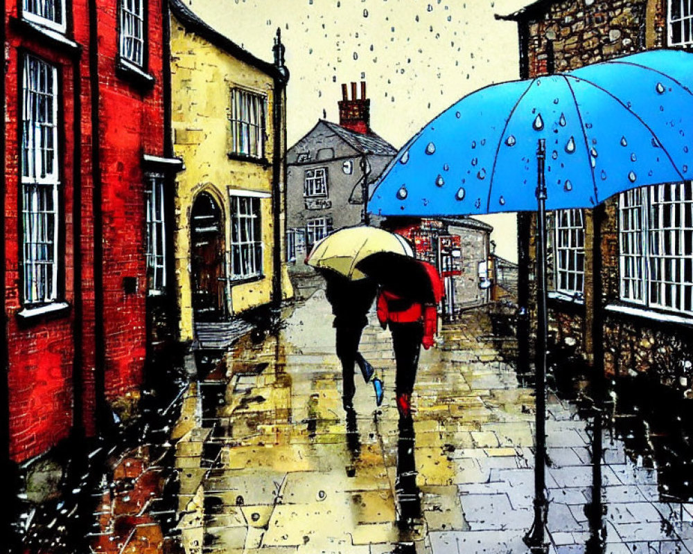 Colorful Rainy Street Scene with Person Holding Blue Umbrella