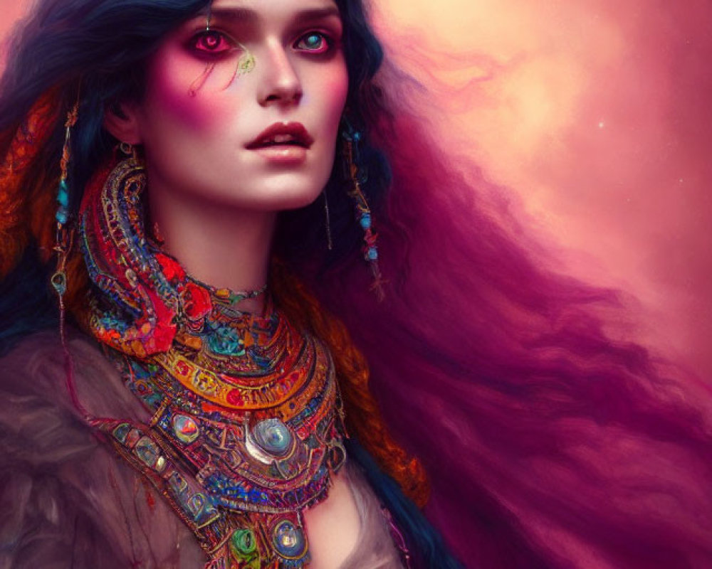 Woman Portrait with Vibrant Makeup and Tribal Jewelry on Ethereal Background