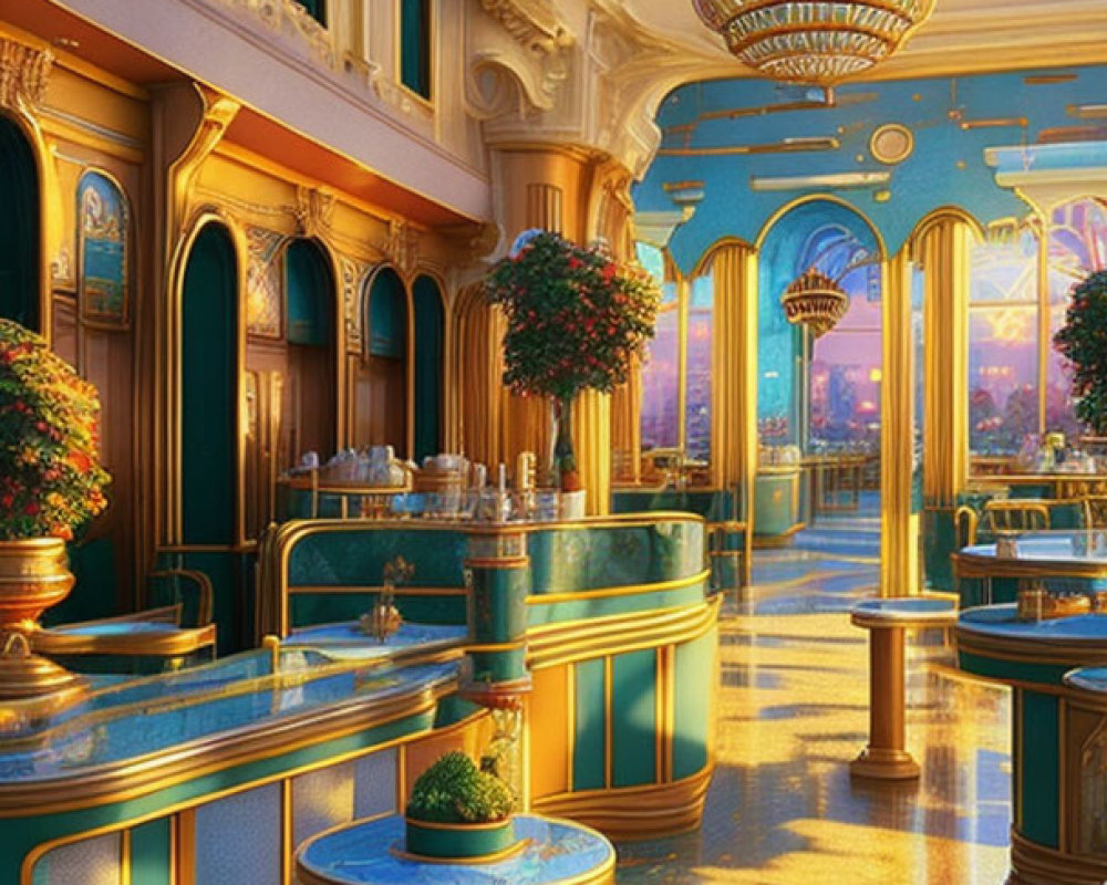 Opulent café interior with high ceilings, golden accents, chandeliers, and natural light.