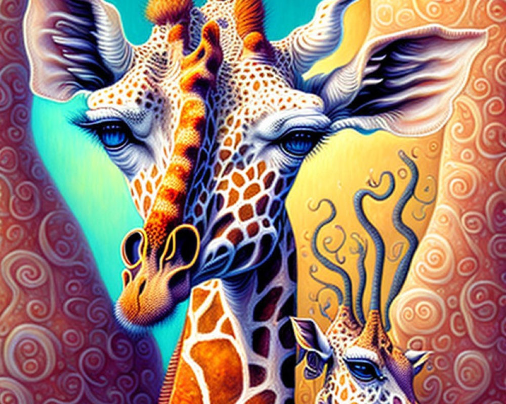 Colorful Stylized Giraffes Illustration on Blue and Yellow Background