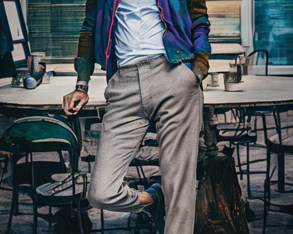 Fashionable man in colorful blazer, white shirt, and blue shoes sitting on table.