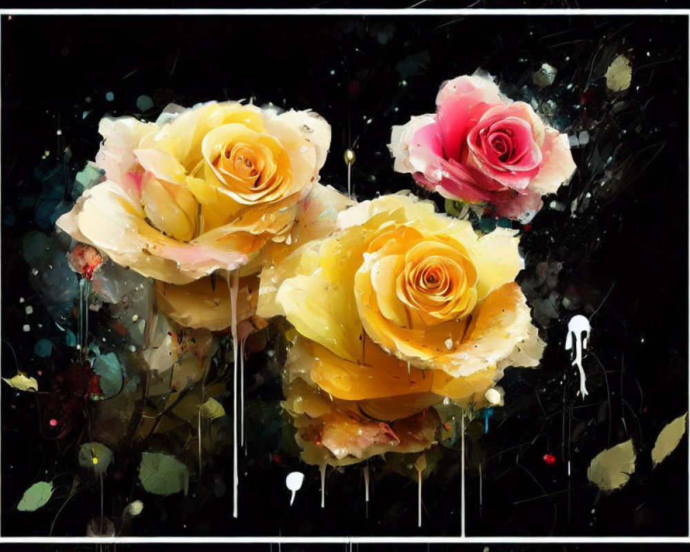 Abstract painting: Three roses in yellow and pink with paint drips & silhouette figure