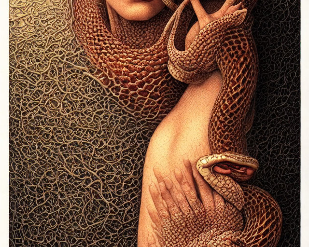 Surrealist artwork: Woman with snake in earthy tones