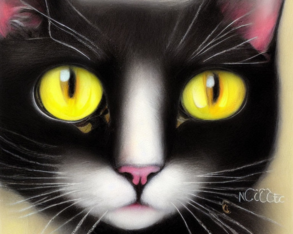 Black and White Cat with Yellow Eyes and Pink Nose on Pale Background