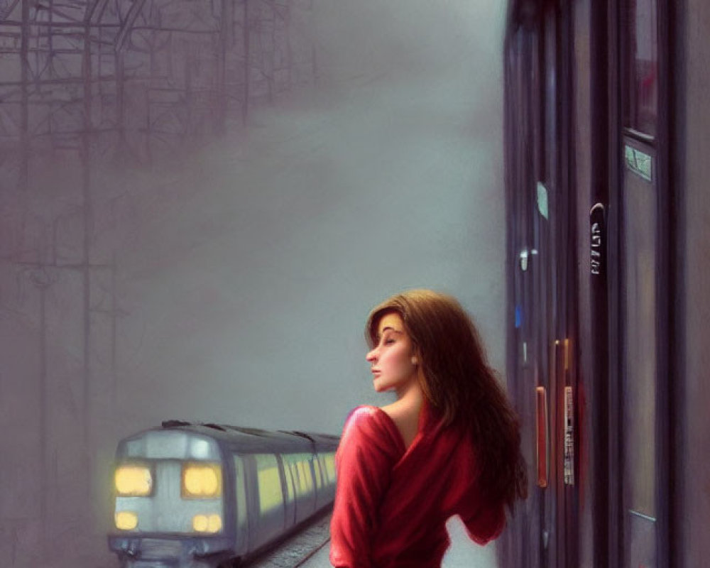 Woman in red dress with luggage on foggy train platform as train approaches