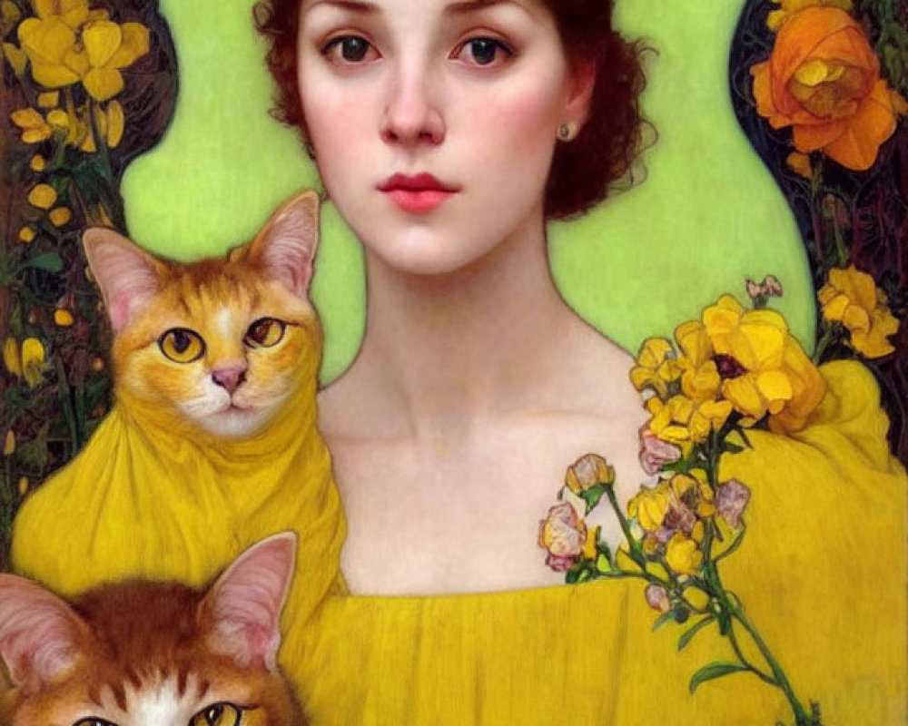 Woman in Yellow Dress with Green Halo Surrounded by Cats and Flowers