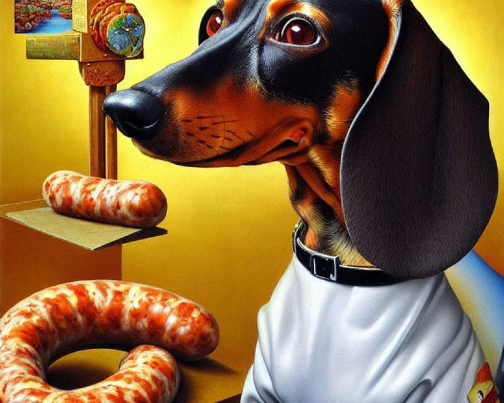 Whimsical dachshund painting with expressive eyes and surreal elements