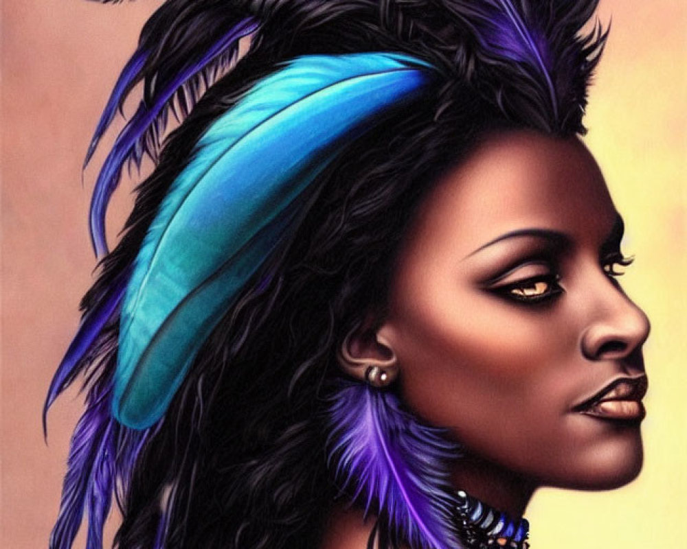 Portrait of a woman with dark skin and high cheekbones in a dramatic feather headdress