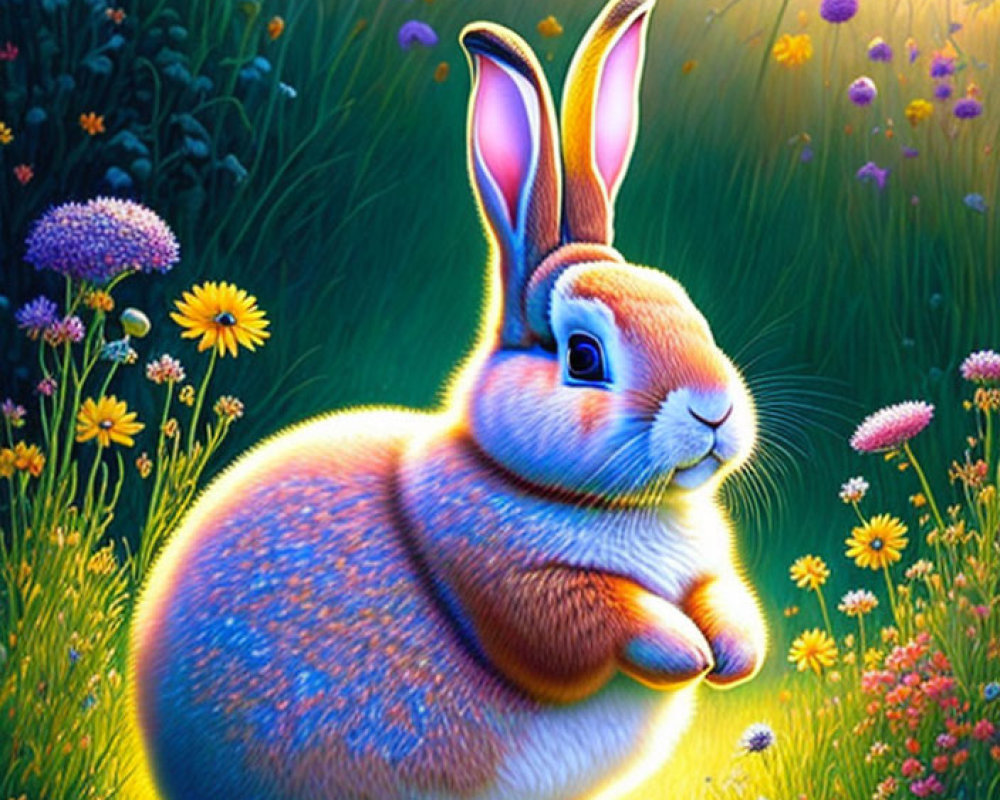 Colorful Rabbit in Wildflower Garden Scene