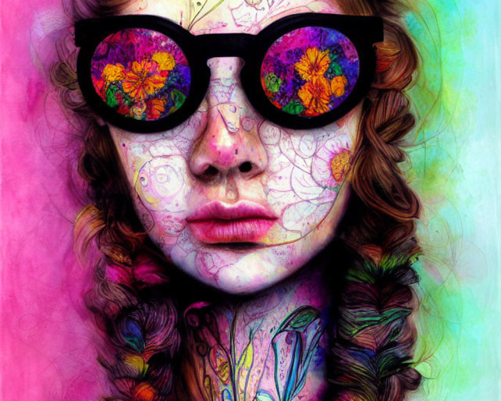 Colorful Artwork of Woman with Floral Patterns and Sunglasses