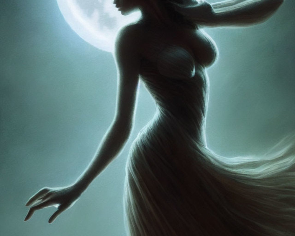 Ethereal woman in flowing gown under full moon glow