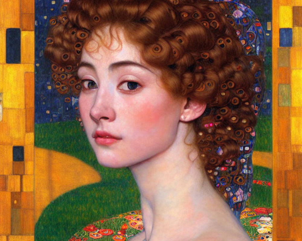 Portrait of Woman with Curly Hair and Flower in Mosaic-Like Background