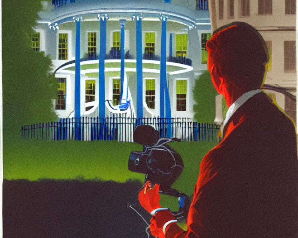 Nighttime view of White House with colorful illumination and camera in foreground