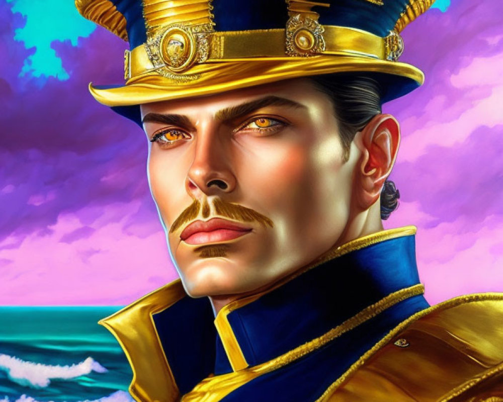 Man in ornate military uniform with blue hat and golden epaulettes against sunset ocean.