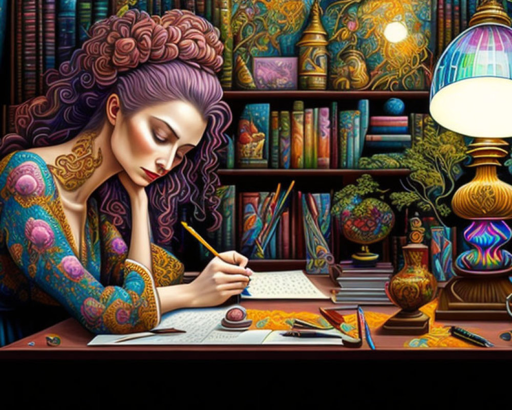 Illustration of woman with voluminous hair at desk with books, art supplies, lamp, and coffee