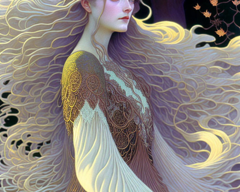 Ethereal woman with golden hair and ornate headpiece on dark background