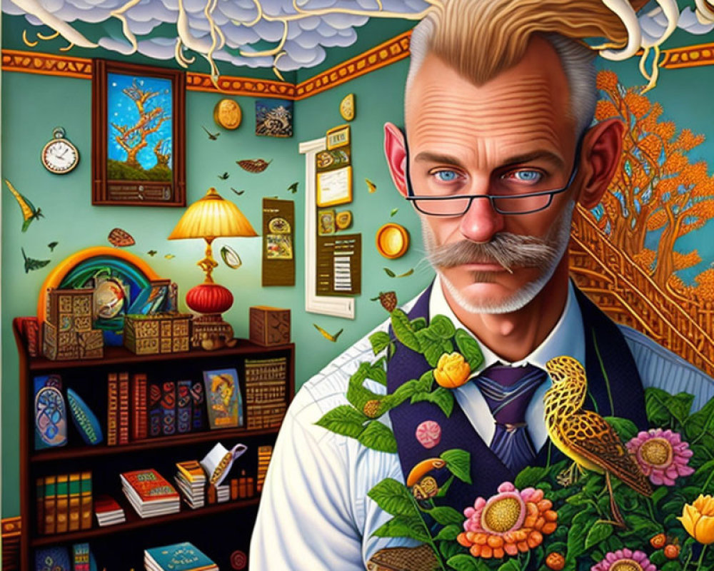 Illustrated man with mustache in floral vest, surrounded by books, clock, lamp, and autumn
