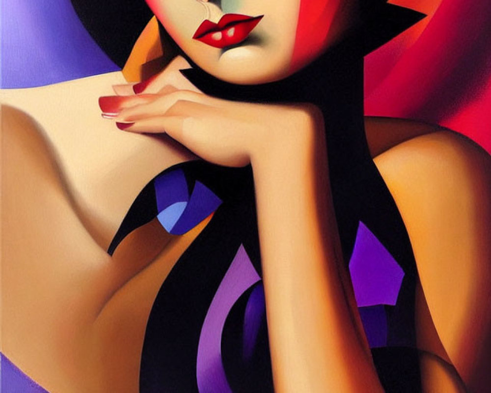 Vibrant abstract portrait of a contemplative woman with geometric shapes