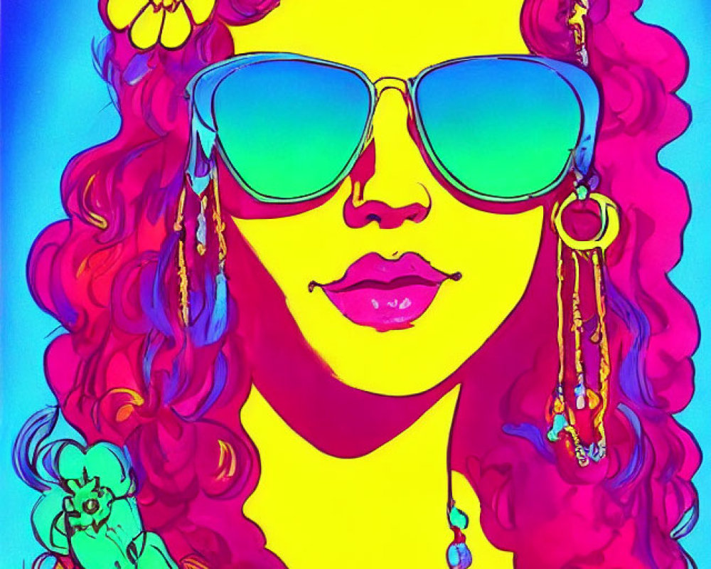 Colorful portrait of woman with red curly hair and blue sunglasses against gradient backdrop