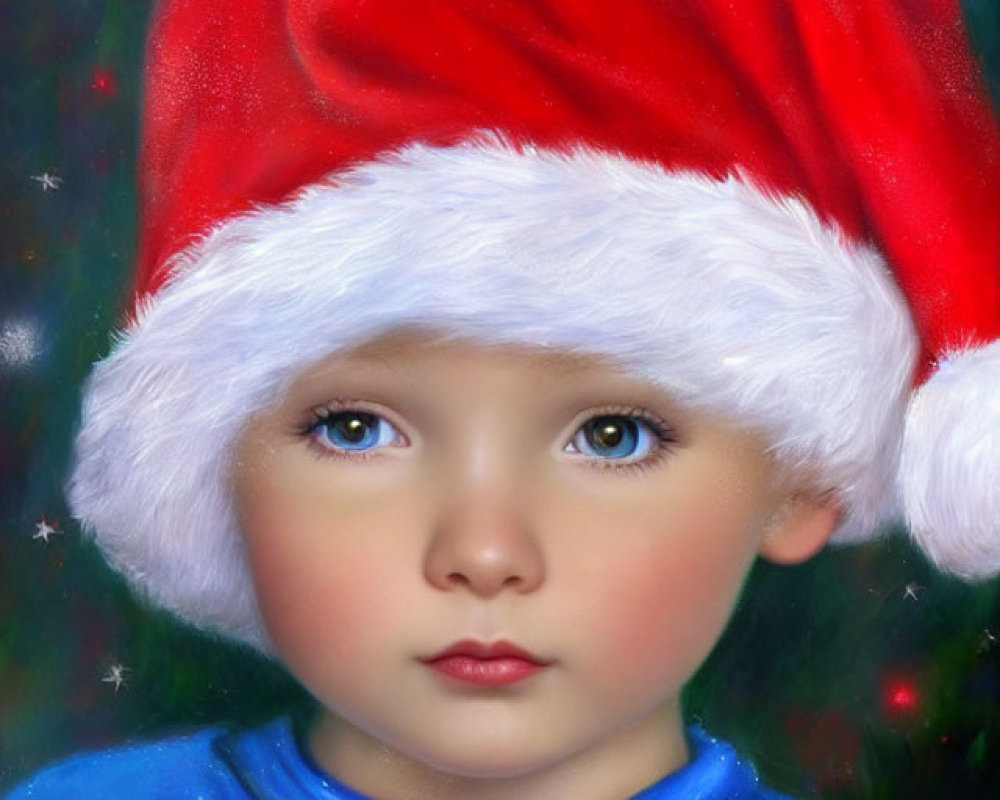 Child with Blue Eyes in Santa Hat and Festive Attire Against Twinkling Background