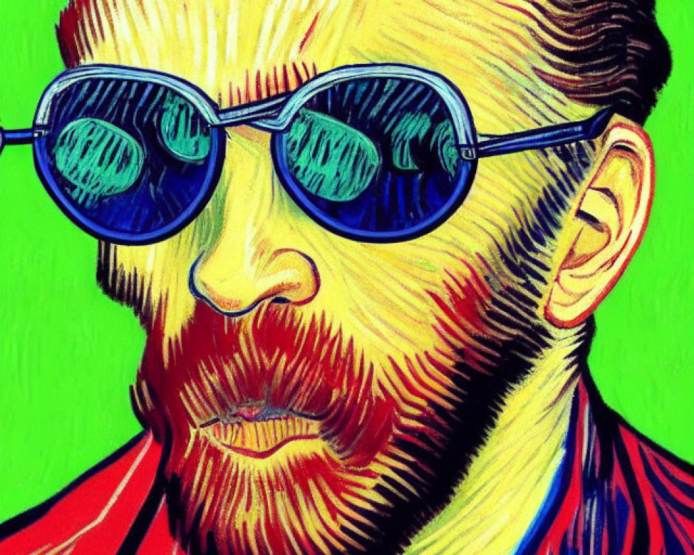 Colorful portrait of a bearded man with round blue glasses on bright green background