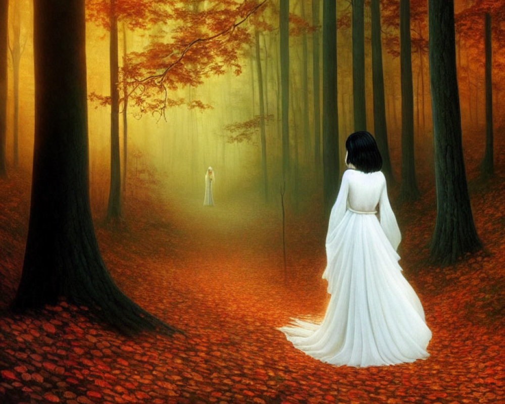 Woman in white dress in mystical autumn forest with red leaves and ghostly figure.