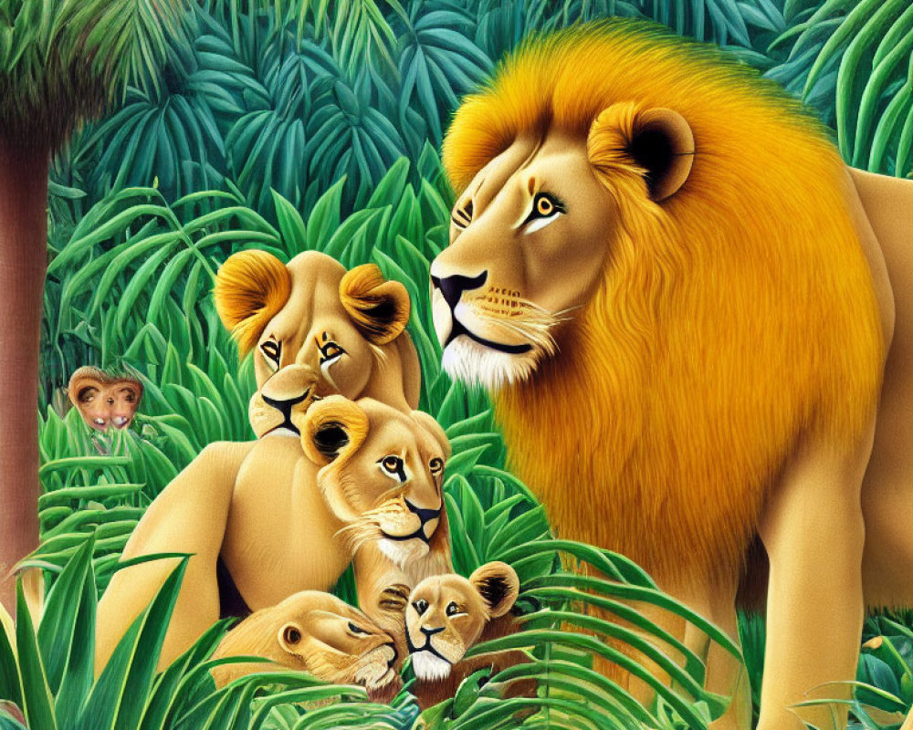 Male lion, two lionesses, cub, and child in dense jungle landscape