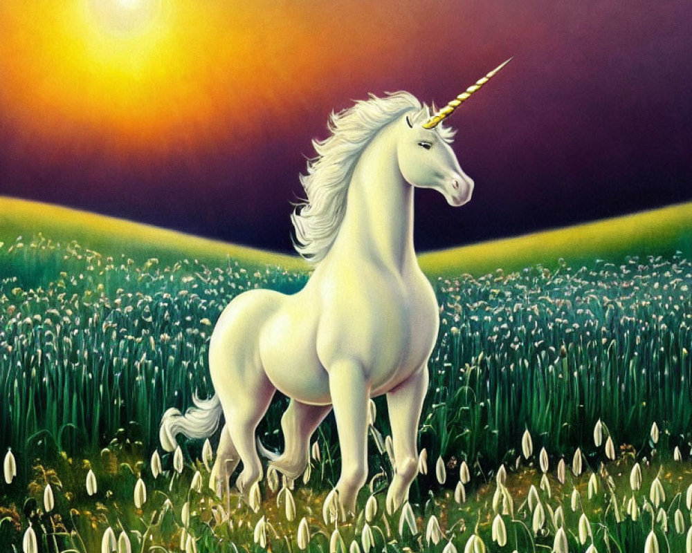 White unicorn in blooming flower field at sunset