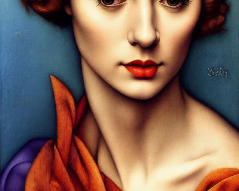 Stylized portrait of woman with auburn curls and red lipstick