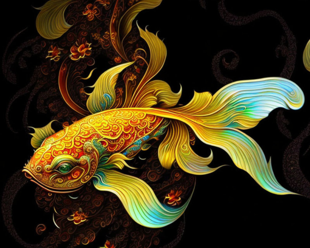 Colorful goldfish digital artwork with intricate patterns on dark background