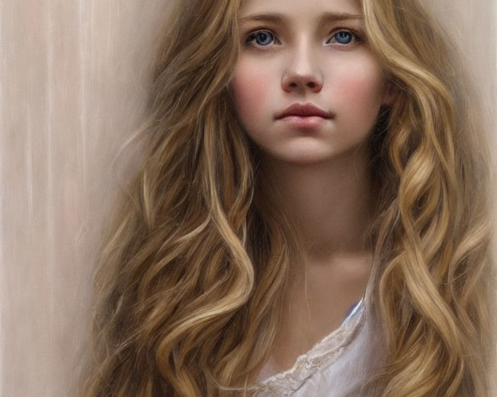 Portrait of young girl with long blond hair and blue eyes on muted background