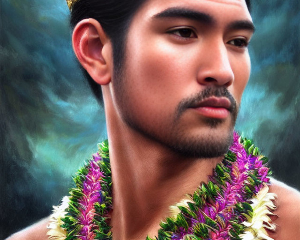 Male wearing crown and lei on dark cloud backdrop exudes nobility.