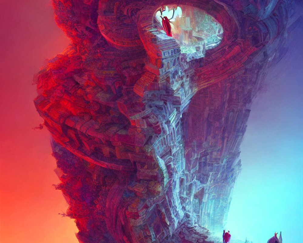 Surreal spiral rock formation with people on ledges against blue and red gradients