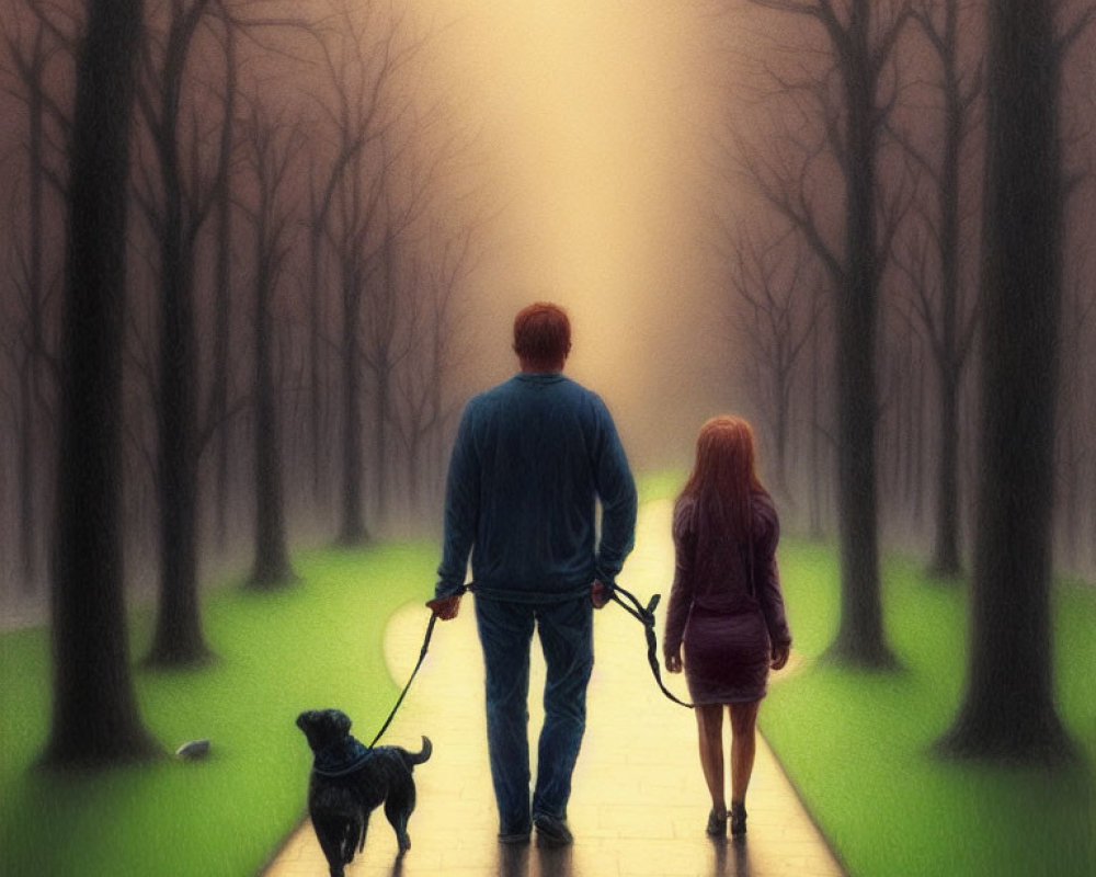Couple walking dog on tree-lined path in warm light