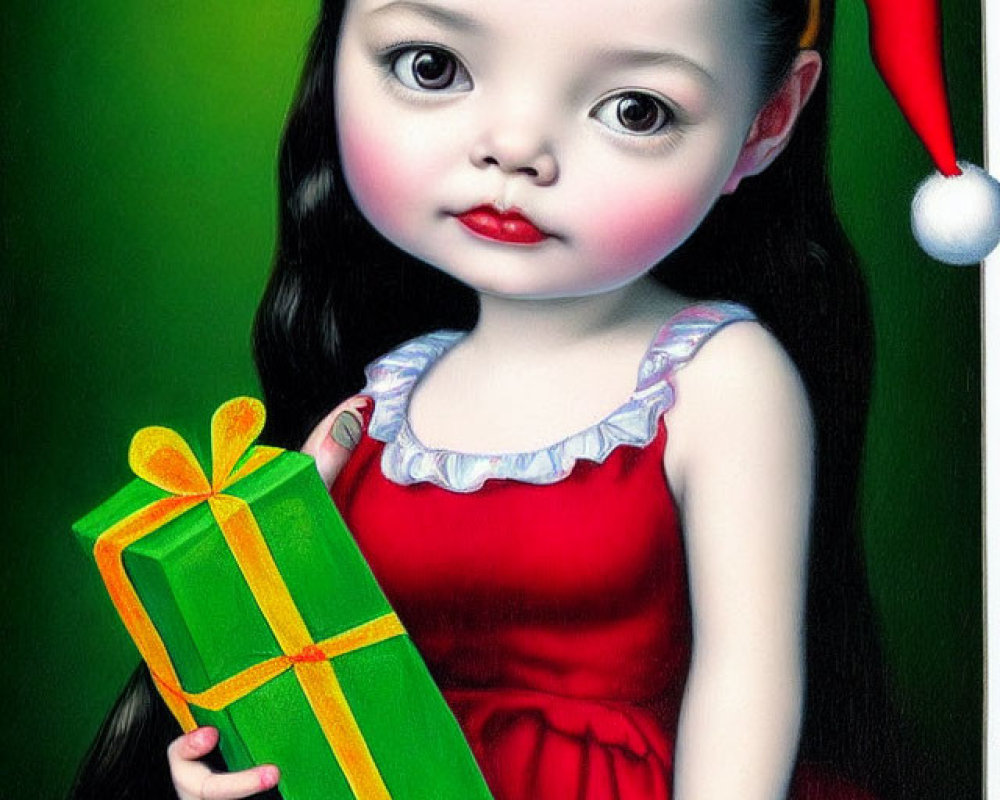 Portrait of young girl in red dress with large eyes, holding green gift